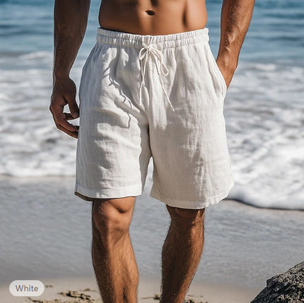 Cotton Linen Shorts Drawstring Elastic Waist Straight Leg