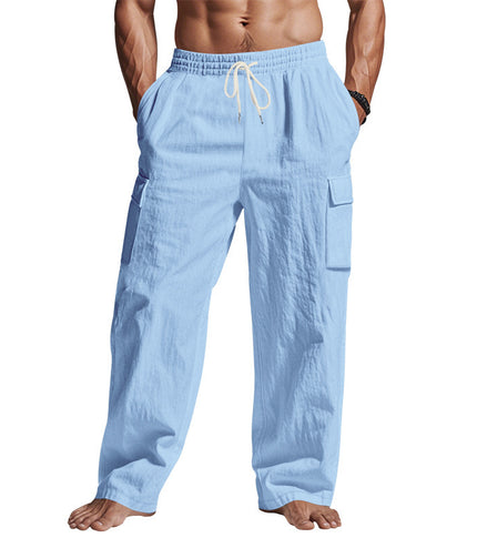 Men's Workwear Multi-pocket Straight Linen Pants Linen Four Seasons Thin Breathable Cargo Pants, Multi-pocket Loose Casual Trendy Wide-leg Pants