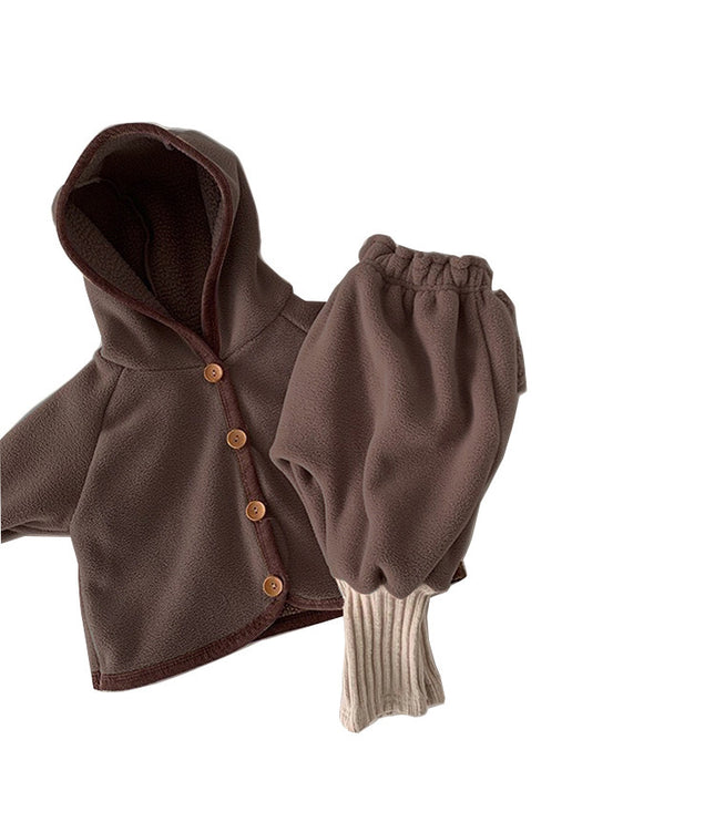 Baby Clothing Fur Lining Infant Suit Hoodies Coat Full Length Pants 2 Pcs