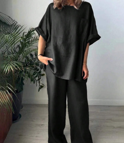 2pcs Women Solid Color Crew Neck Short Sleeve Top And Long Pants Casual Outfit