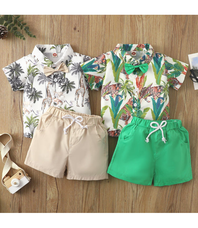 Beach Multi-color Printed Shirt Boys' Shorts Two-piece Set