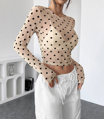 Design Sense See-through Dot Slim Mesh Round Neck Long Sleeve T-shirt