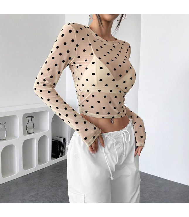 Design Sense See-through Dot Slim Mesh Round Neck Long Sleeve T-shirt