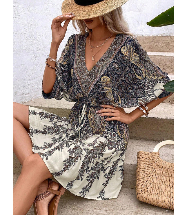 Paisley Print Batwing Sleeve Tassel Tie Front Ruffle Hem Dress