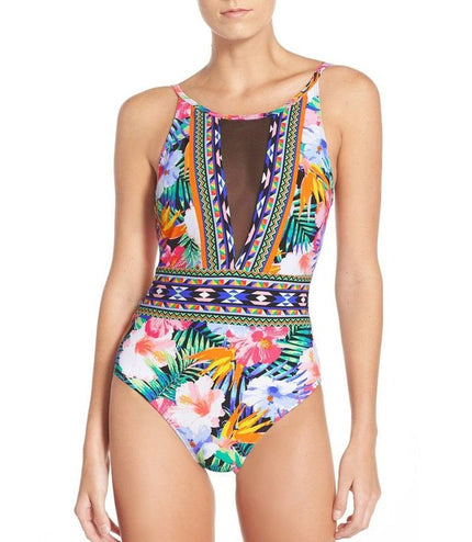 Sexy Mesh One Piece Swimsuit High Cut Swimwear Women Floral Bathing Suit Patchwork Bikini