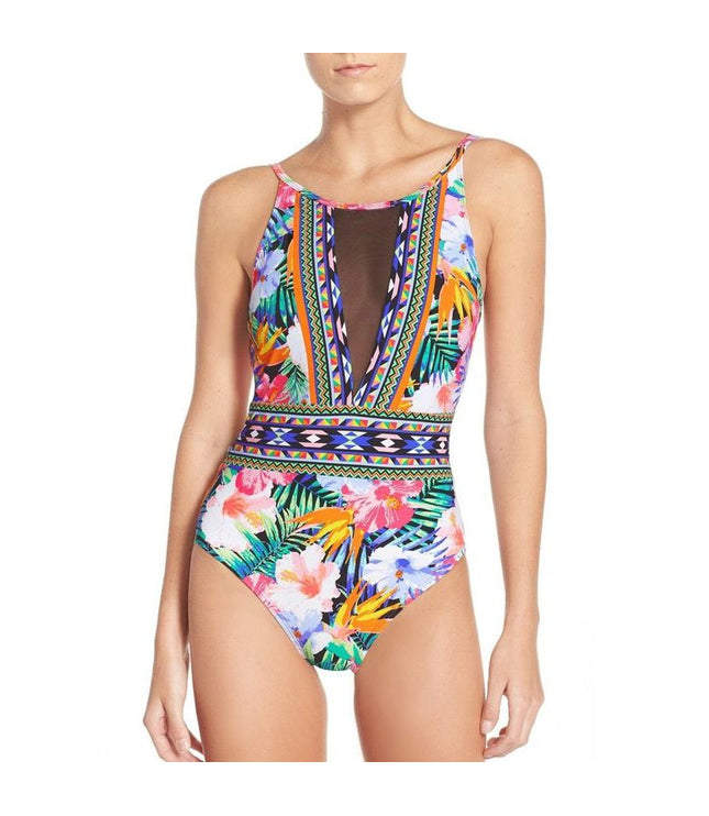 Sexy Mesh One Piece Swimsuit High Cut Swimwear Women Floral Bathing Suit Patchwork Bikini