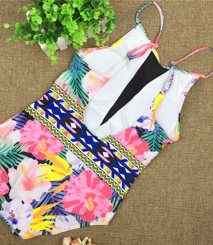 Sexy Mesh One Piece Swimsuit High Cut Swimwear Women Floral Bathing Suit Patchwork Bikini