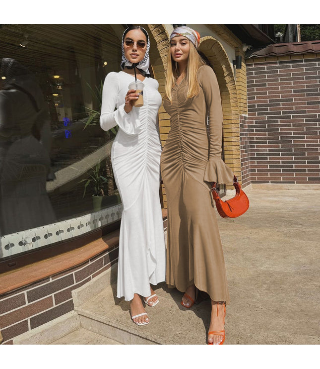 Fashionable Elegant V-neck Pleated Slim-fit Flared Sleeves Dress