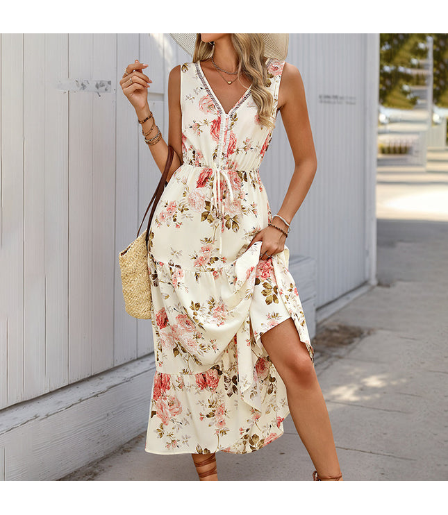 European And American Printed Dress V-neck Lace Stitching Dress