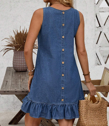 Button Back Ruffle Hem Denim Dress