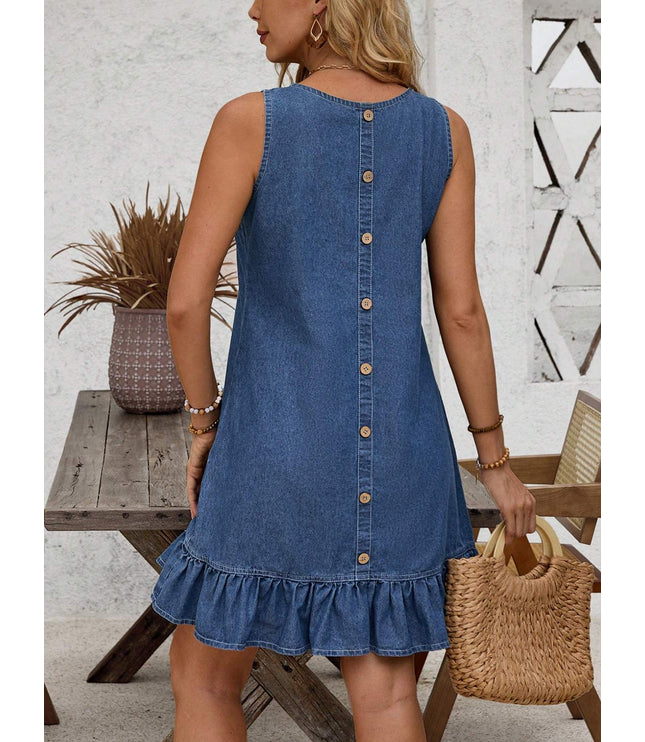 Button Back Ruffle Hem Denim Dress