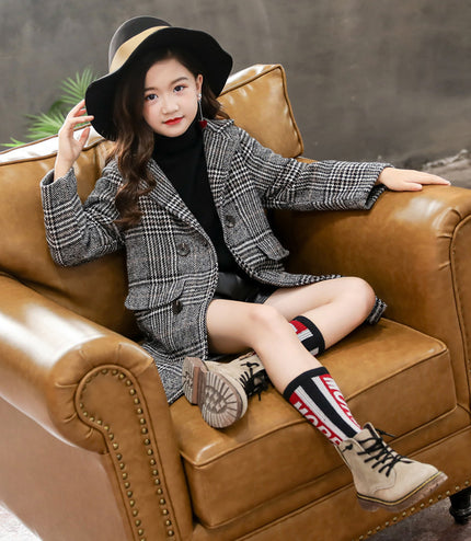Gray plaid houndstooth coat for girls