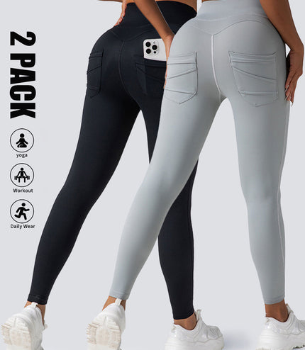 2 Pack High Waist Yoga Pants With Pockets, Tummy Control Workout Running Yoga Leggings For Women