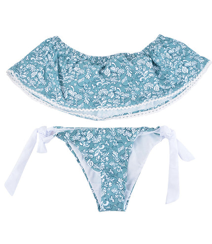 Light Blue Floral Pattern Strapless Off Shoulder Women Sexy Slit Bikini Set Swimwear Women Beach Bathing Swimsuit