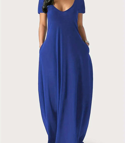 Sexy Deep V Short Sleeve Maxi Dress With Pockets