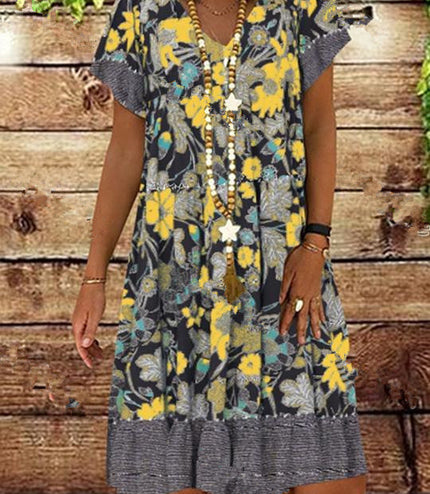 V-neck Printed Short Sleeve Mid-length Dress Plus Size Floral
