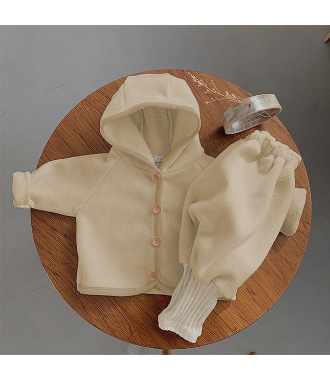 Baby Clothing Fur Lining Infant Suit Hoodies Coat Full Length Pants 2 Pcs