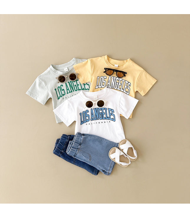Summer Baby Letter Print Short-sleeve Top Denim Shorts Suit