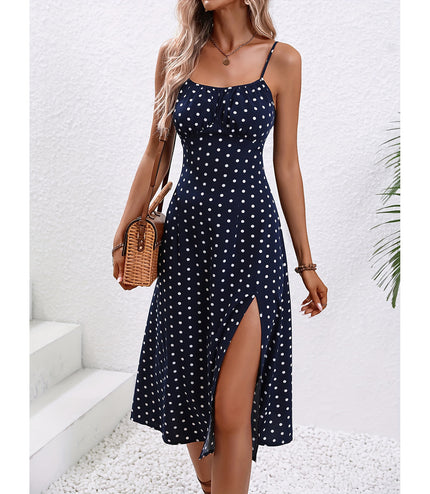 New Polka Dot Print Suspender Dress Summer Sexy Split Long Dresses For Womens Clothing