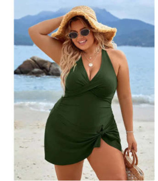 European And American Fashion Pure Color Slimming Flab Hiding Push Up Dress Women's Swimsuit