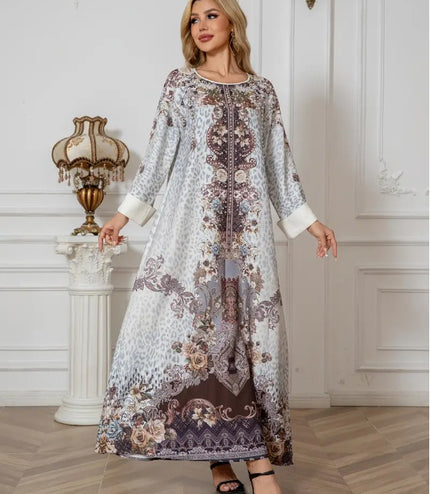 Elegant Floral Print Long Sleeve Abaya Dress