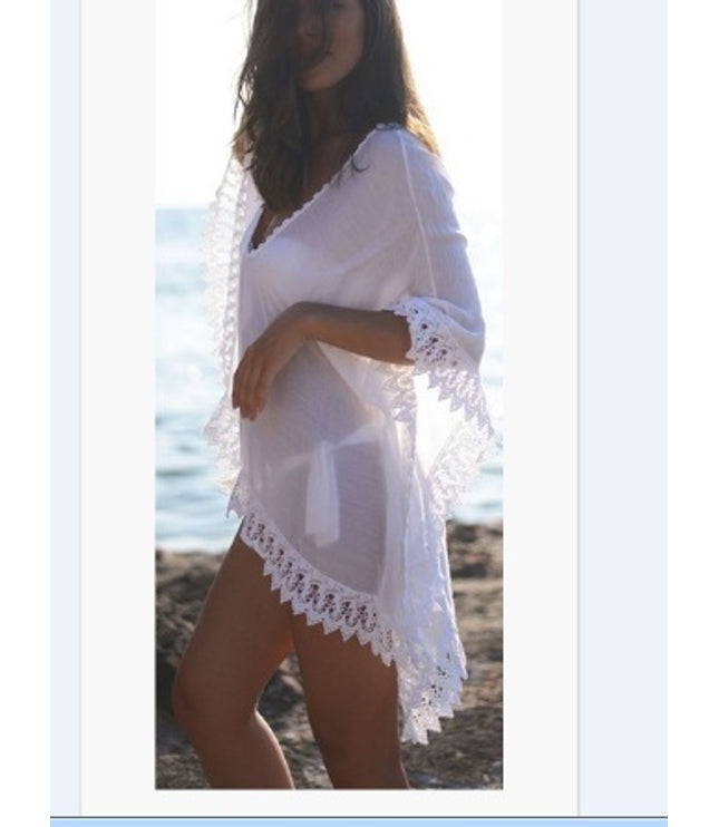 Fashion Solid Color Beach Bikini Lace White Blouse