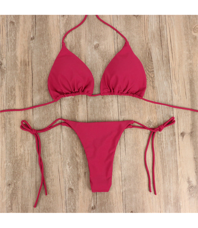 2pcs Halterneck Lace-up Bikini Women Summer Solid Color Sexy Split Strap Adjustable Swimsuit Suit