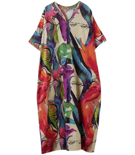 Cotton And Linen Printed Loose Plus Size Simple Vacation Style Long Dress For Women