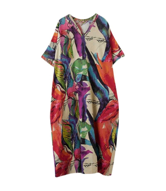Cotton And Linen Printed Loose Plus Size Simple Vacation Style Long Dress For Women