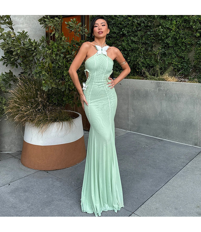 Off-shoulder Halter Butterfly Decoration Slim Fit Holiday Dress Women