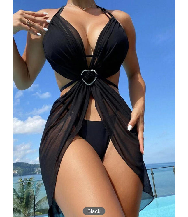 3pcs Halter Neck Bikini Beach Summer Solid Color Split Swimsuit Womens Clothing