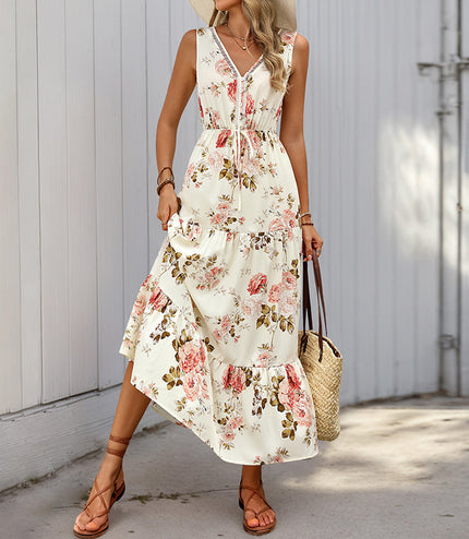 European And American Printed Dress V-neck Lace Stitching Dress