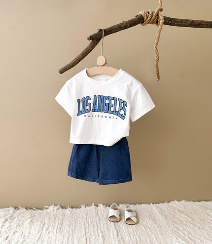 Summer Baby Letter Print Short-sleeve Top Denim Shorts Suit