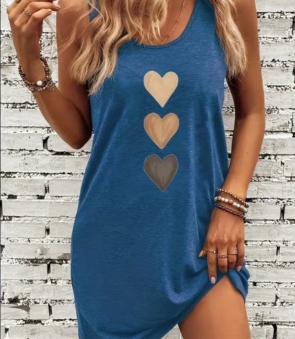 Heart Print Crew Neck Tank Dress, Casual Sleeveless Dress For Spring & Summer, Women's Clothing