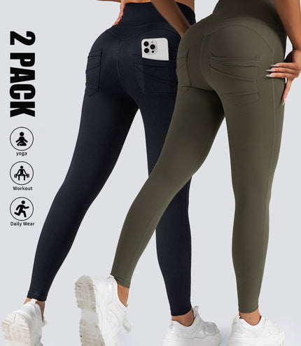 2 Pack High Waist Yoga Pants With Pockets, Tummy Control Workout Running Yoga Leggings For Women