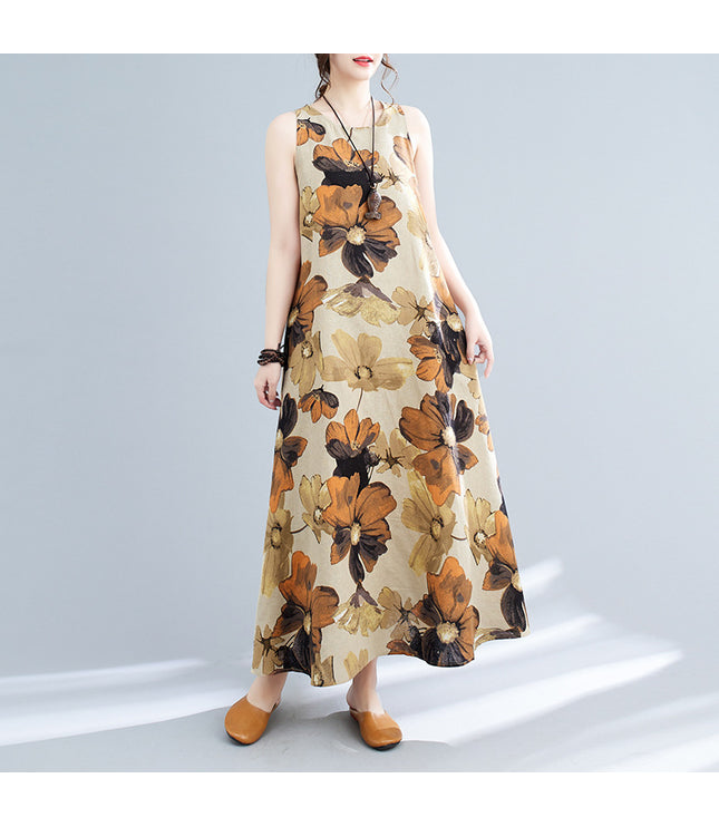 New Simple Fashion Bohemian Maxi Dress Sleeveless Round Neck Printed Dress Women