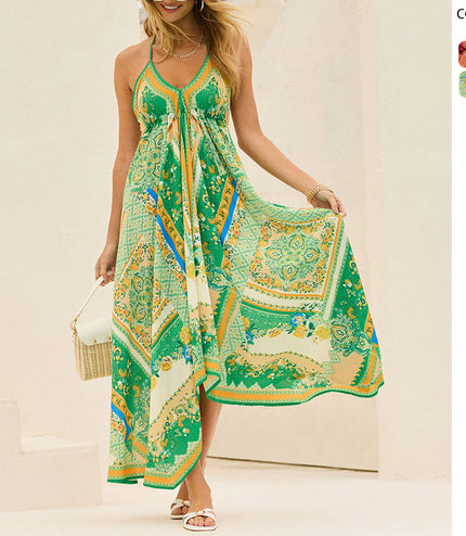 Off-the-shoulder V-neck Women's Clothing Spaghetti-strap Floral Print Dress