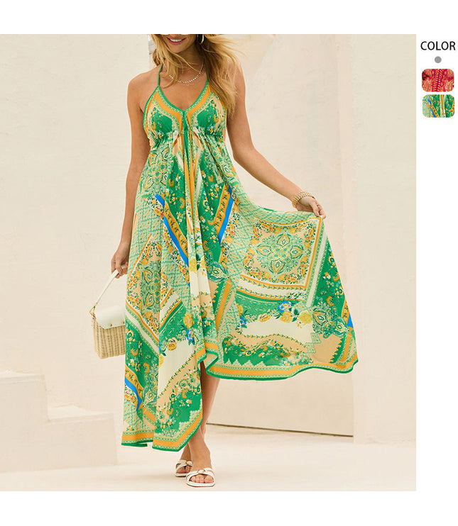 Off-the-shoulder V-neck Women's Clothing Spaghetti-strap Floral Print Dress
