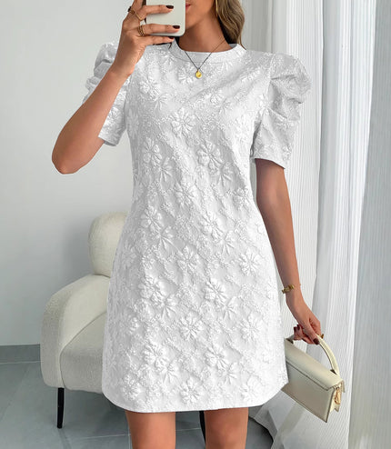 European And American Ladies Puff Sleeve Texture Jacquard Round Neck Retro Style Dress