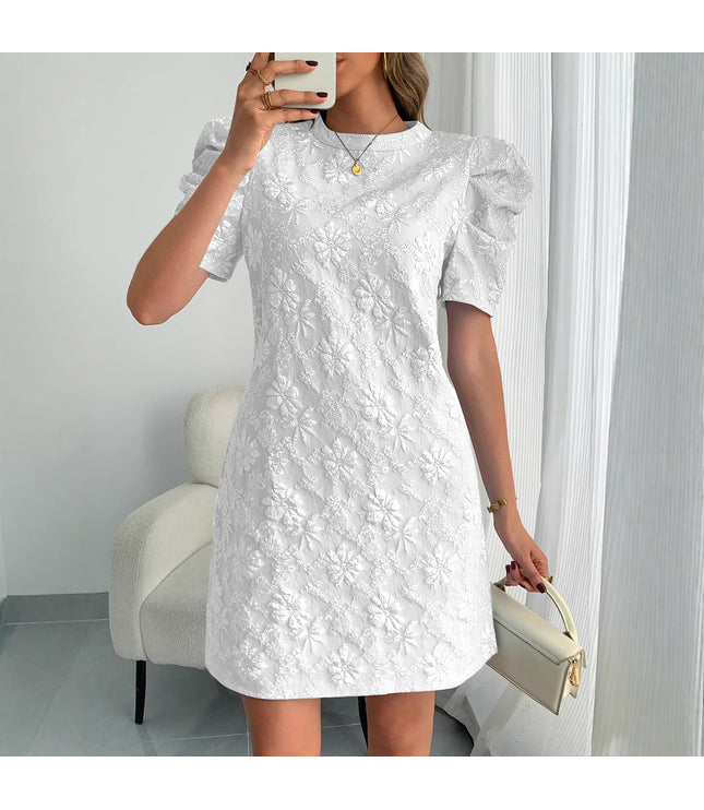 European And American Ladies Puff Sleeve Texture Jacquard Round Neck Retro Style Dress