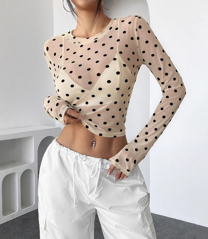 Design Sense See-through Dot Slim Mesh Round Neck Long Sleeve T-shirt