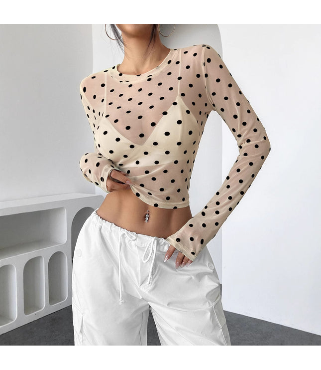 Design Sense See-through Dot Slim Mesh Round Neck Long Sleeve T-shirt