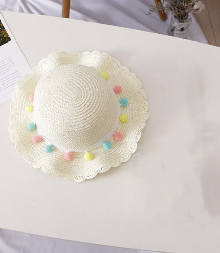 Small Ball Solid Color Children Straw Hat Bag Set