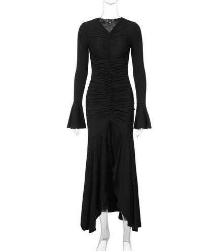 Fashionable Elegant V-neck Pleated Slim-fit Flared Sleeves Dress
