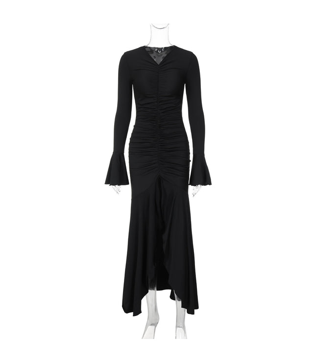 Fashionable Elegant V-neck Pleated Slim-fit Flared Sleeves Dress