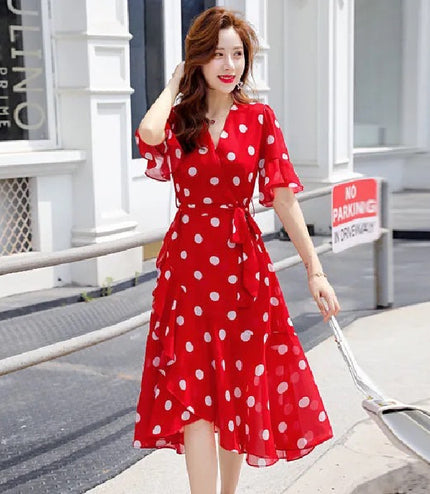 Design Sense Niche Short Sleeve Polka Dot Skirt Dot Red