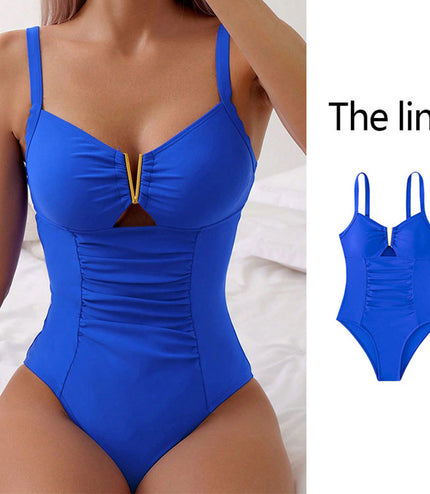 New V-neck Hollow One-piece Bikini Beach Fashion Pleated Belly Slimming Swimsuit Summer Womens Clothing