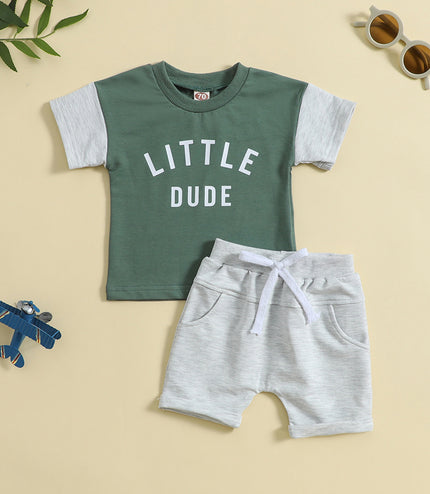 Children's Round Neck Letter Print Top Solid Color Shorts Two-piece Set