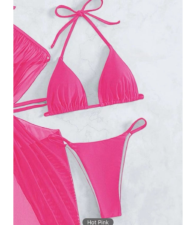 3pcs Halter Neck Bikini Beach Summer Solid Color Split Swimsuit Womens Clothing