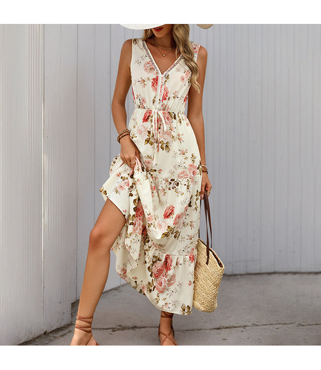 European And American Printed Dress V-neck Lace Stitching Dress